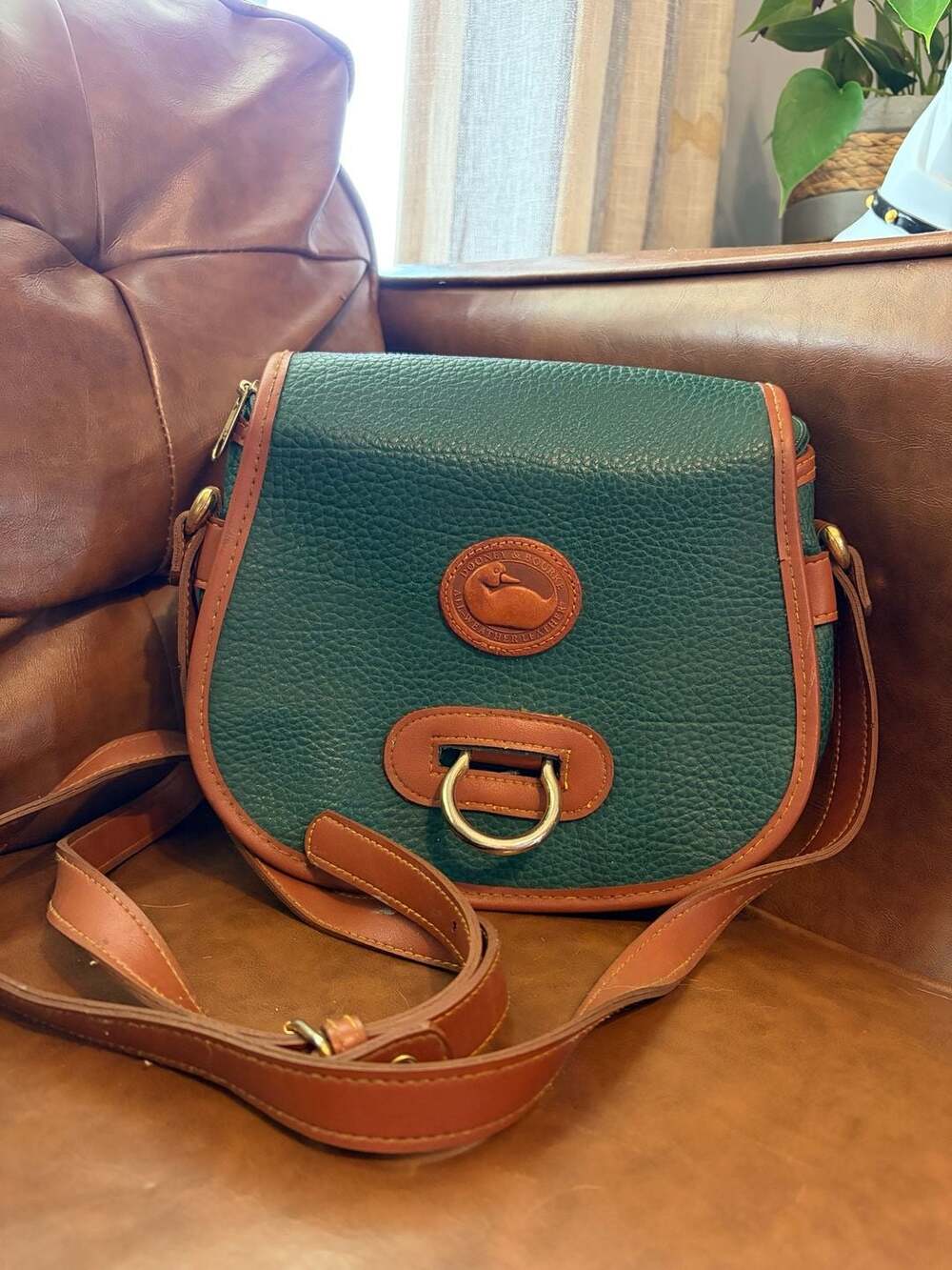 Vintage Dooney & Bourke All Weather Leather Green British Tan Saddle Crossbody